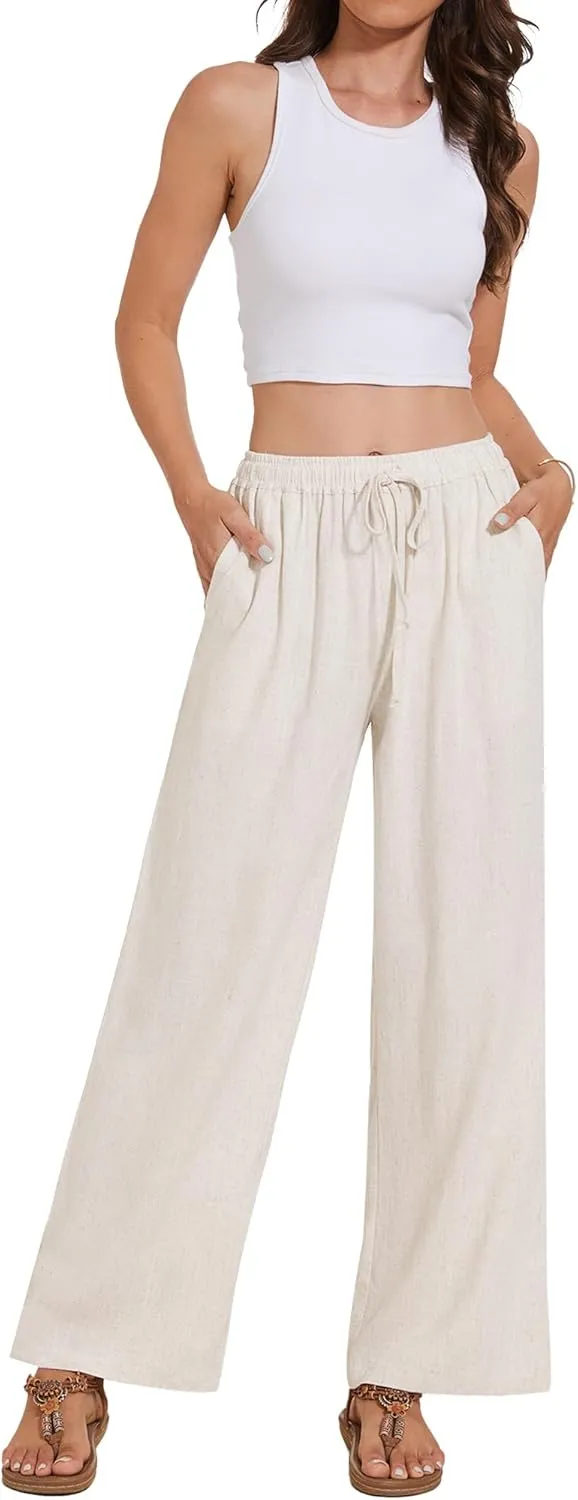 Breezy Lane Linen Pants for Women Summer High Waist Palazzo Pants Boho Beach Trousers with Pockets