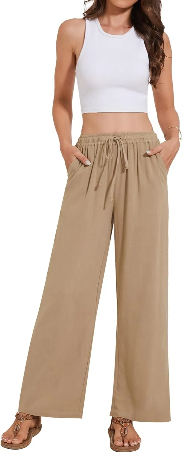 Breezy Lane Linen Pants for Women Summer High Waist Palazzo Pants Boho Beach Trousers with Pockets