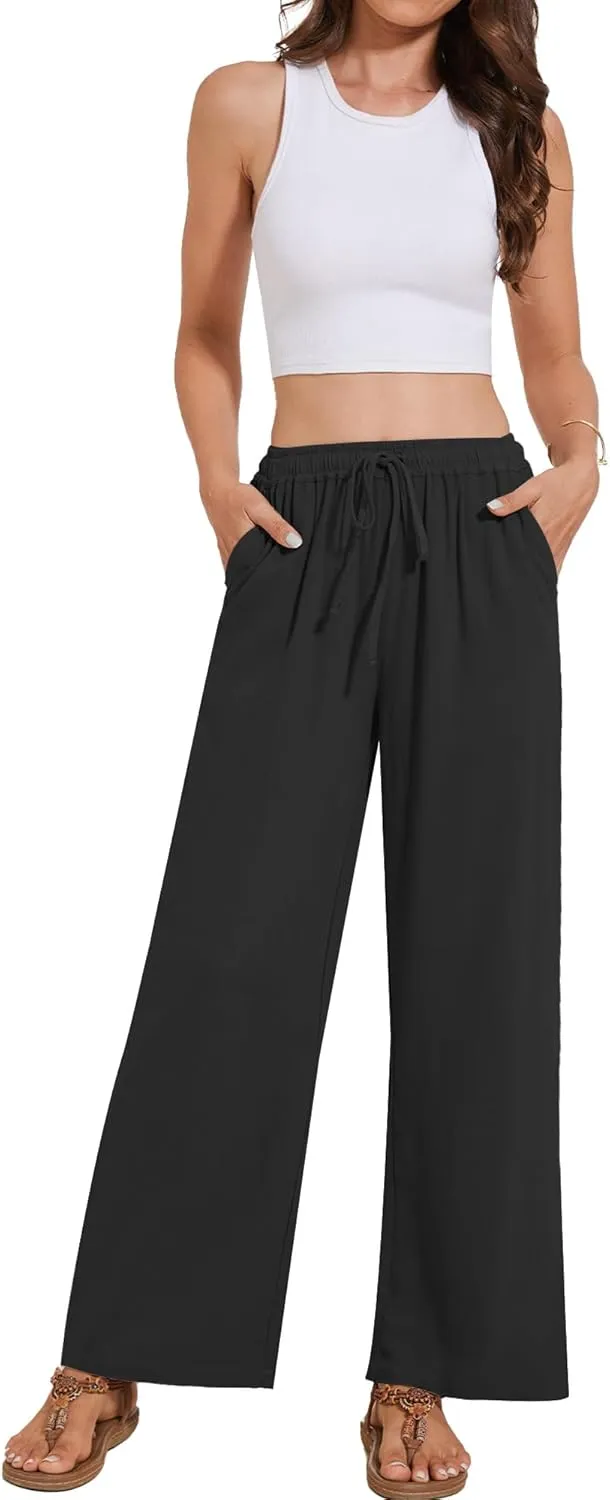 Breezy Lane Linen Pants for Women Summer High Waist Palazzo Pants Boho Beach Trousers with Pockets