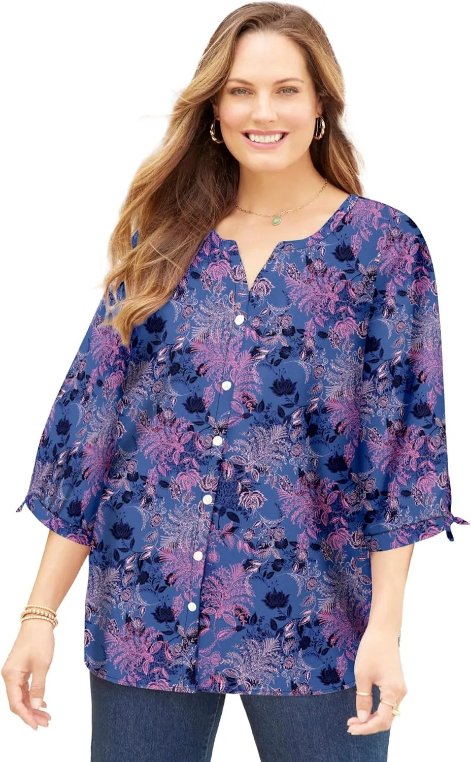 Catherines Women's Plus Size Georgette Button Down Tie Sleeve Cafe Blouse