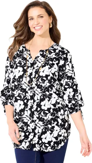 Catherines Women's Plus Size Georgette Button Down Tie Sleeve Cafe Blouse