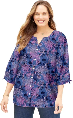 Catherines Women's Plus Size Georgette Button Down Tie Sleeve Cafe Blouse