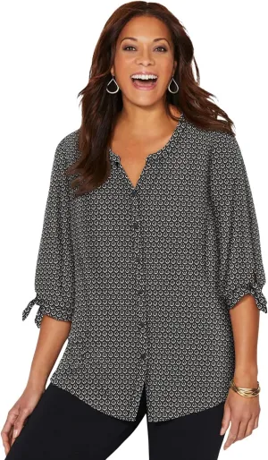 Catherines Women's Plus Size Georgette Button Down Tie Sleeve Cafe Blouse