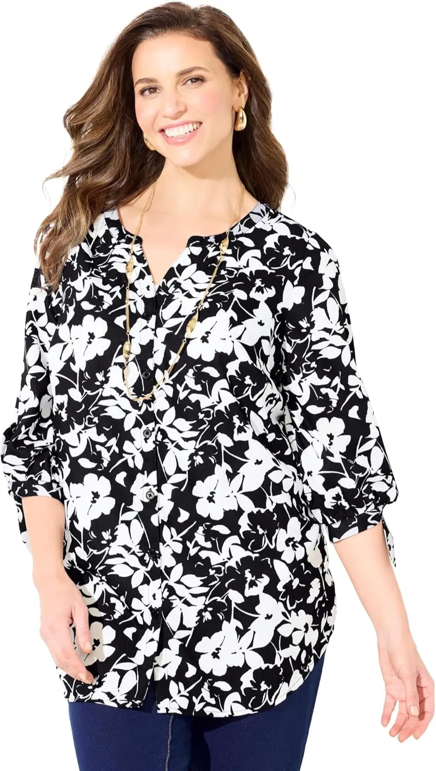 Catherines Women's Plus Size Georgette Button Down Tie Sleeve Cafe Blouse