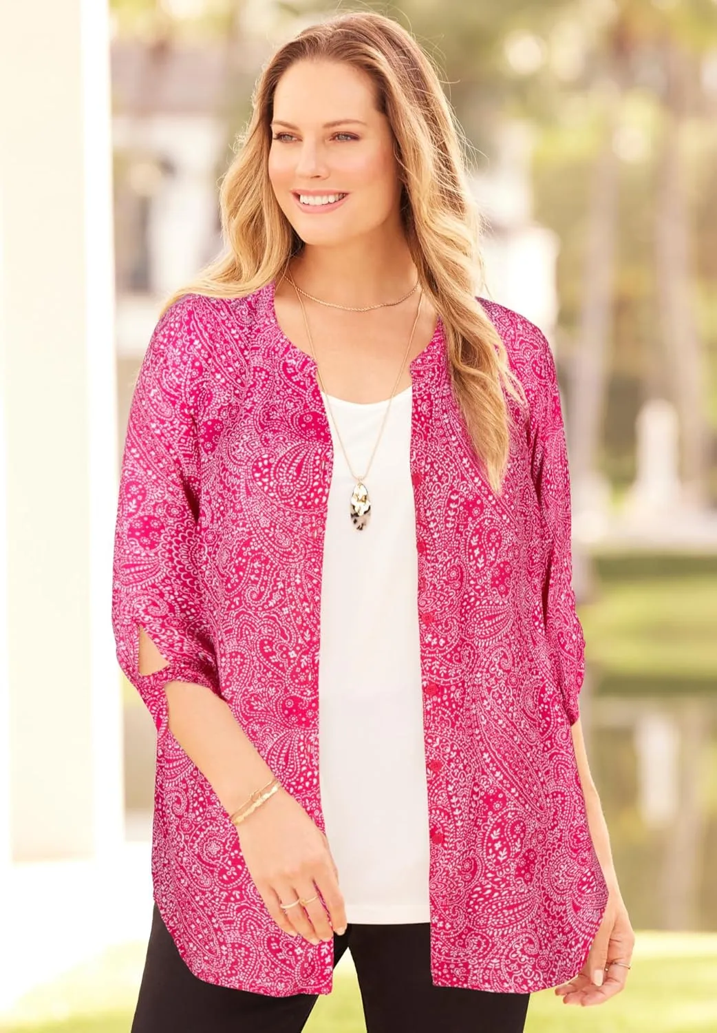 Catherines Women's Plus Size Georgette Button Down Tie Sleeve Cafe Blouse
