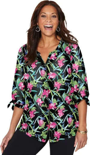 Catherines Women's Plus Size Georgette Button Down Tie Sleeve Cafe Blouse