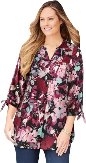 Catherines Women's Plus Size Georgette Button Down Tie Sleeve Cafe Blouse