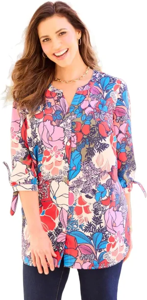 Catherines Women's Plus Size Georgette Button Down Tie Sleeve Cafe Blouse