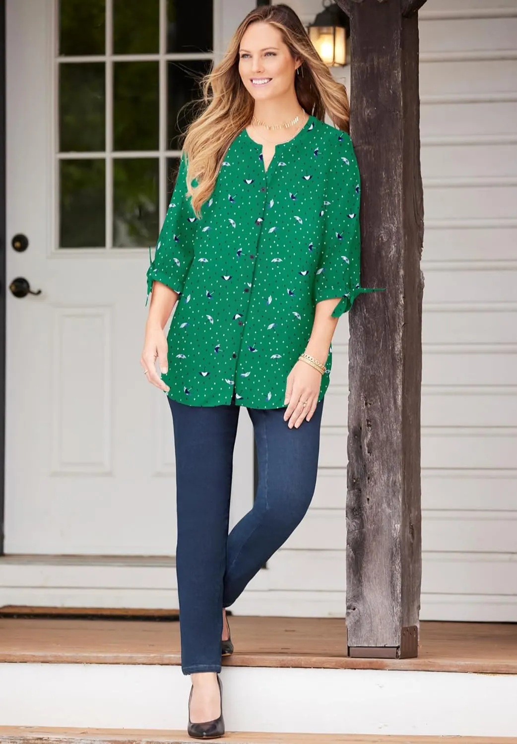 Catherines Women's Plus Size Georgette Button Down Tie Sleeve Cafe Blouse