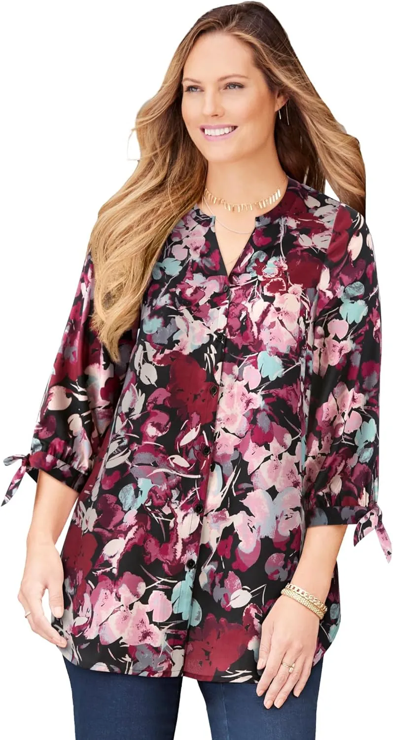 Catherines Women's Plus Size Georgette Button Down Tie Sleeve Cafe Blouse
