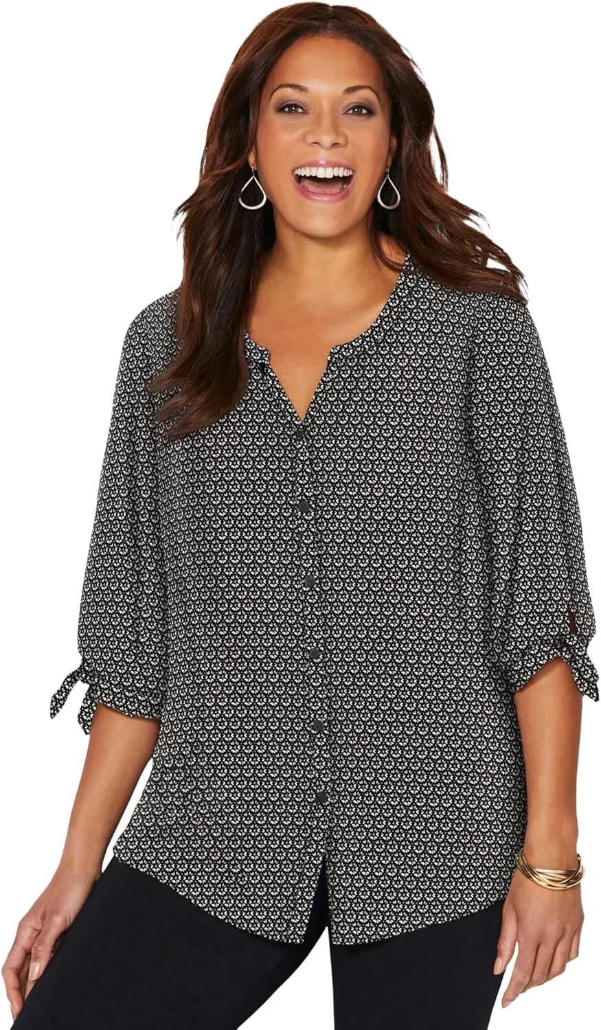 Catherines Women's Plus Size Georgette Button Down Tie Sleeve Cafe Blouse
