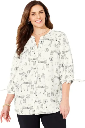 Catherines Women's Plus Size Georgette Button Down Tie Sleeve Cafe Blouse