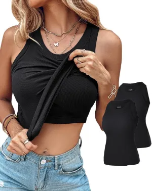 CHICME 2 Piece Tank Tops with Built in Bras Athletic Tank Tops for Women Ribbed Tank Top Fitness Workout Running Tops