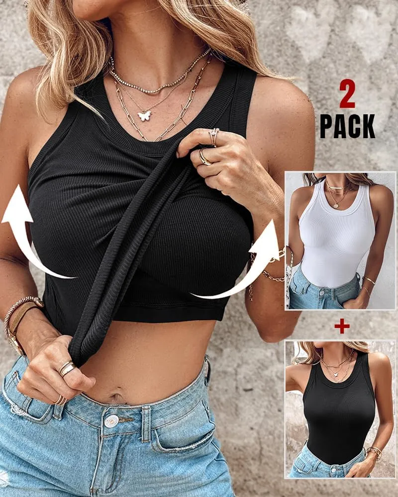 CHICME 2 Piece Tank Tops with Built in Bras Athletic Tank Tops for Women Ribbed Tank Top Fitness Workout Running Tops