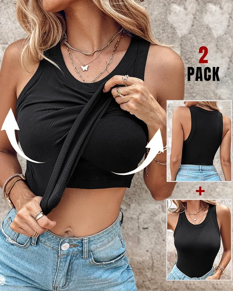 CHICME 2 Piece Tank Tops with Built in Bras Athletic Tank Tops for Women Ribbed Tank Top Fitness Workout Running Tops