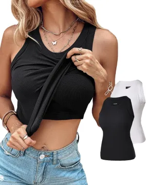 CHICME 2 Piece Tank Tops with Built in Bras Athletic Tank Tops for Women Ribbed Tank Top Fitness Workout Running Tops