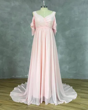 Chiffon Maternity Wedding Dresses 2024 V Neck Pleated Pregnant Bridal Gowns Short Sleeves Long Formal Dresses