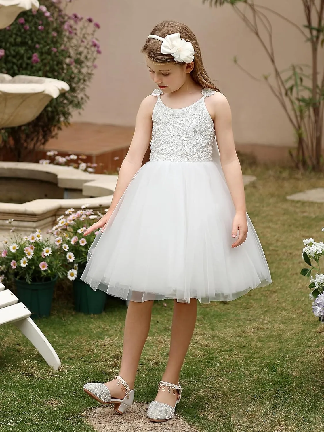 Christmas Flower Girl Dress Floor Length Button Draped Tulle Ball Gowns for Kids