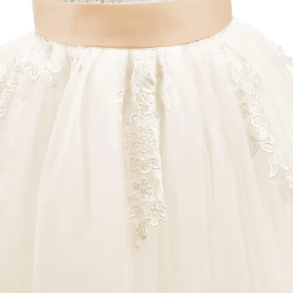 Christmas Flower Girl Dress Floor Length Button Draped Tulle Ball Gowns for Kids