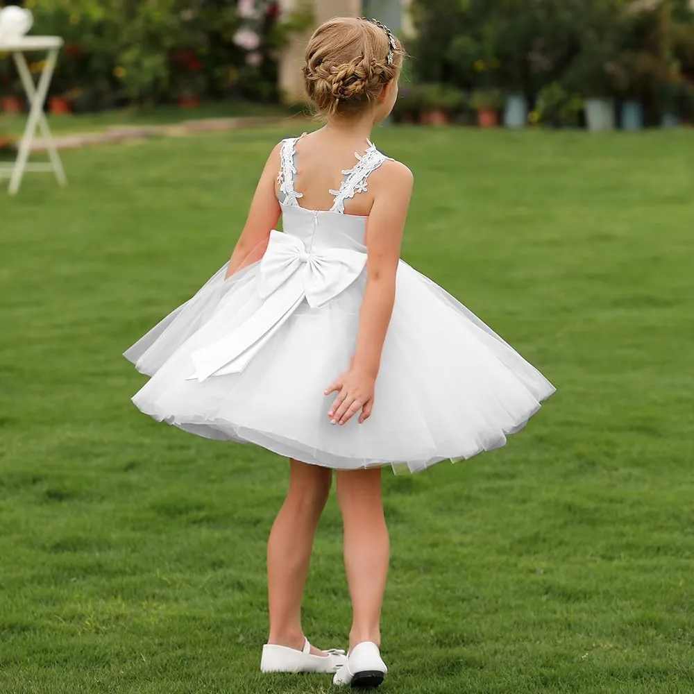 Christmas Flower Girl Dress Floor Length Button Draped Tulle Ball Gowns for Kids