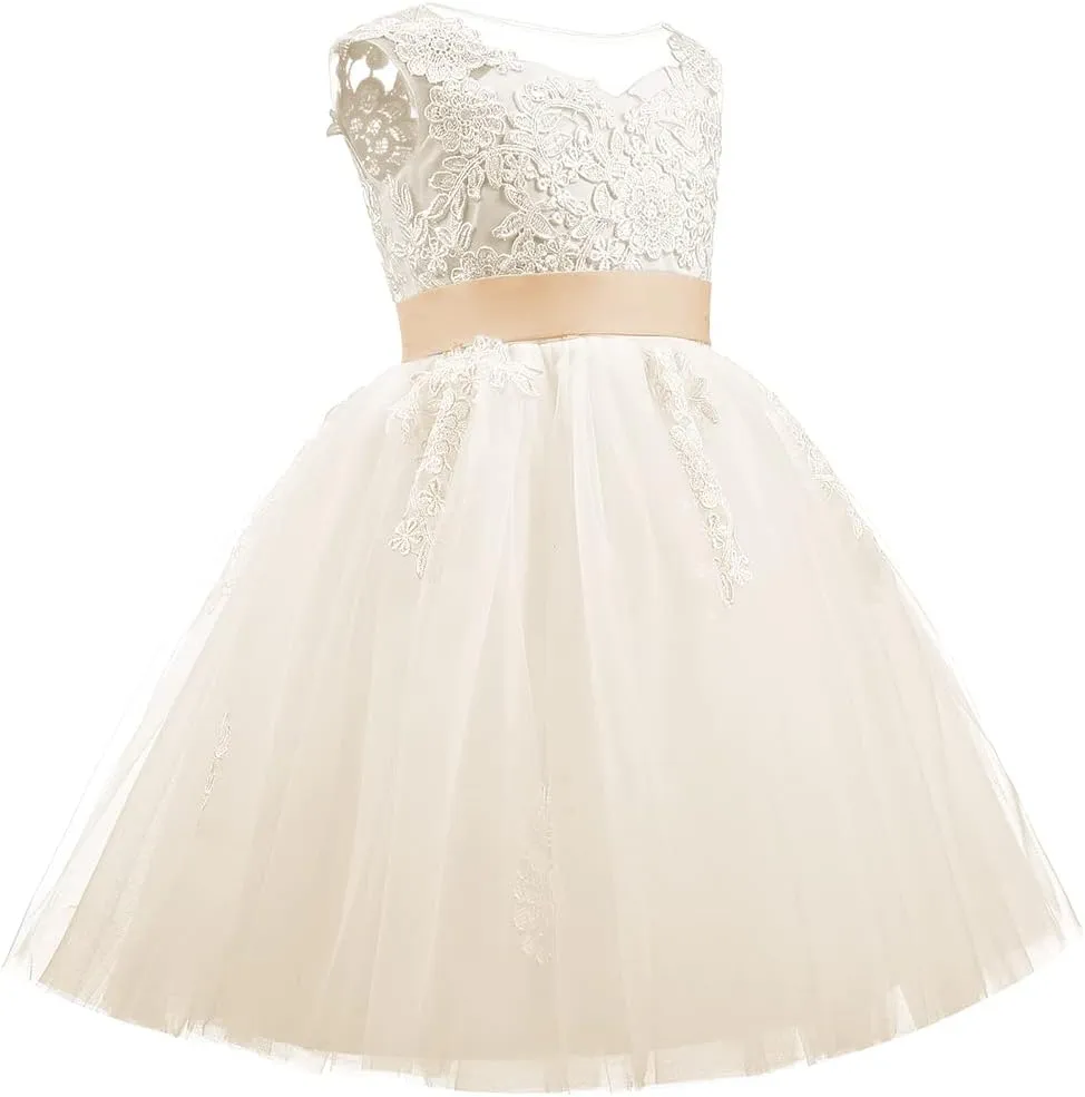 Christmas Flower Girl Dress Floor Length Button Draped Tulle Ball Gowns for Kids