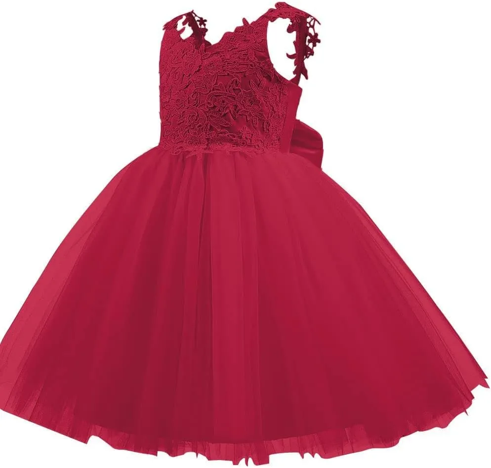 Christmas Flower Girl Dress Floor Length Button Draped Tulle Ball Gowns for Kids