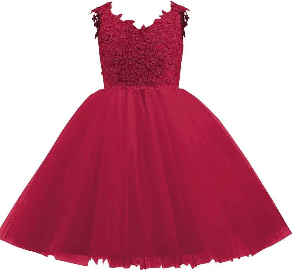 Christmas Flower Girl Dress Floor Length Button Draped Tulle Ball Gowns for Kids