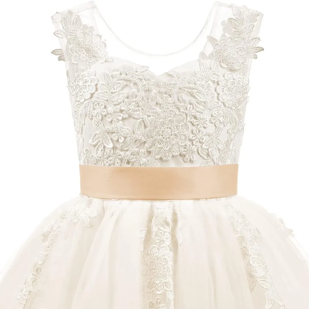 Christmas Flower Girl Dress Floor Length Button Draped Tulle Ball Gowns for Kids
