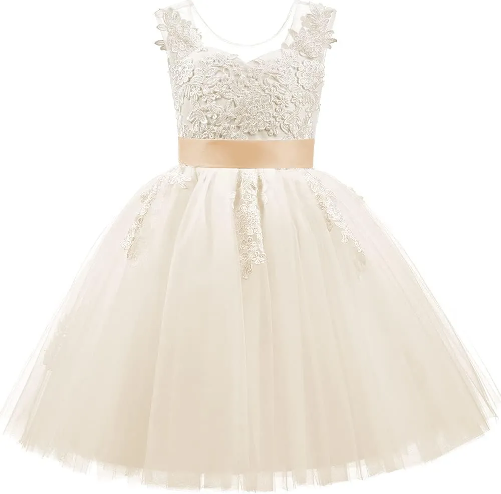 Christmas Flower Girl Dress Floor Length Button Draped Tulle Ball Gowns for Kids