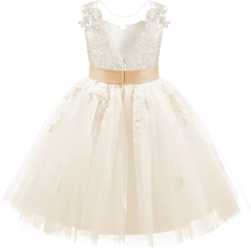 Christmas Flower Girl Dress Floor Length Button Draped Tulle Ball Gowns for Kids