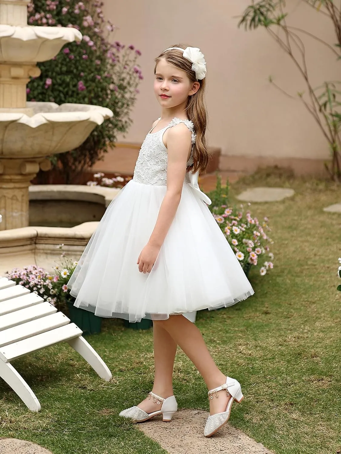Christmas Flower Girl Dress Floor Length Button Draped Tulle Ball Gowns for Kids