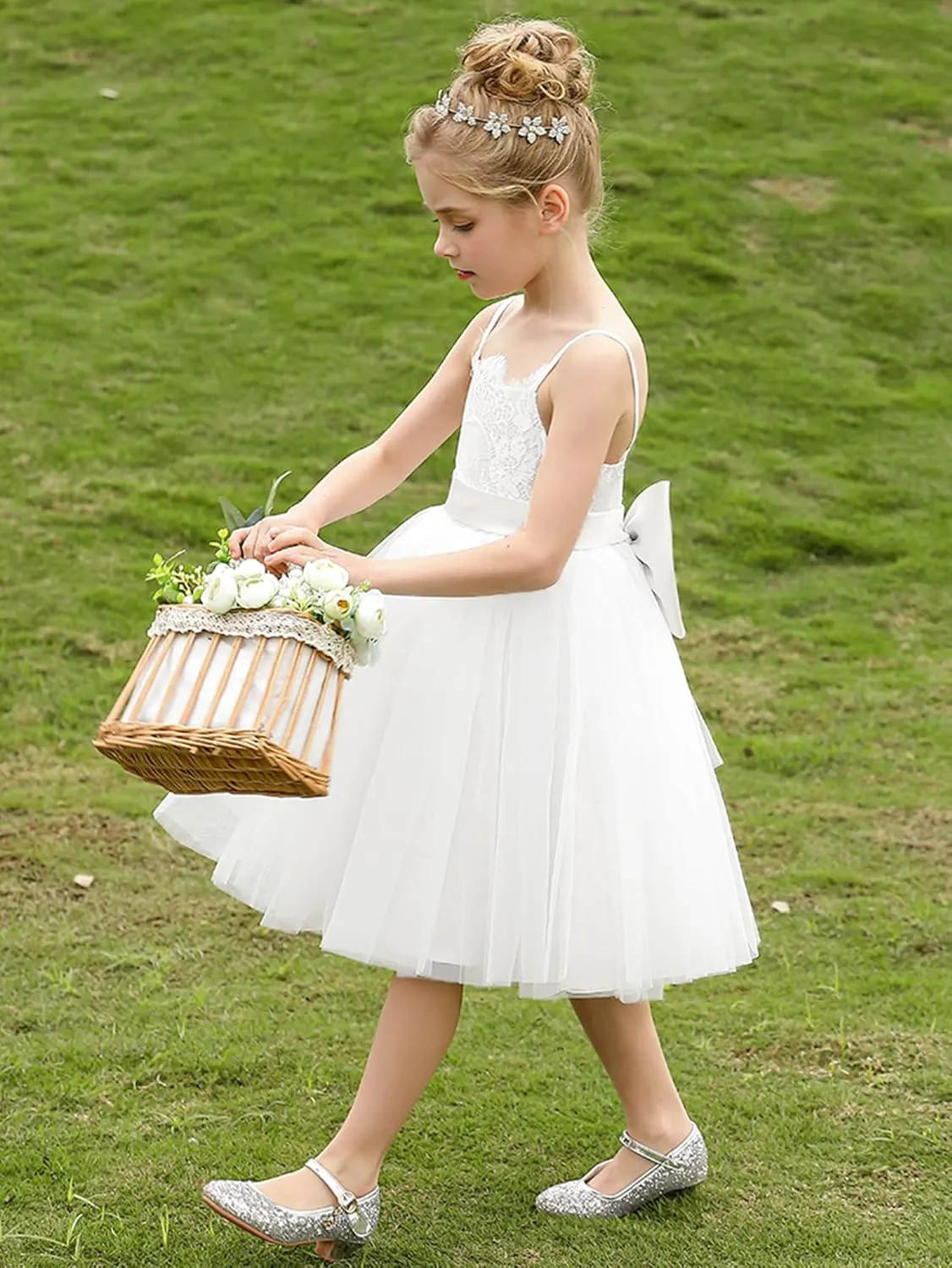 Christmas Flower Girl Dress Floor Length Button Draped Tulle Ball Gowns for Kids