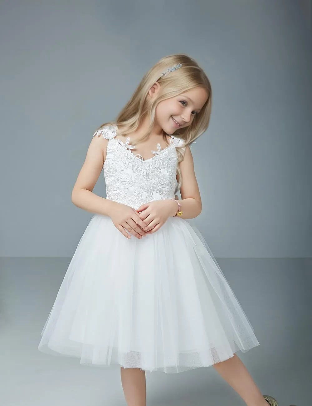 Christmas Flower Girl Dress Floor Length Button Draped Tulle Ball Gowns for Kids