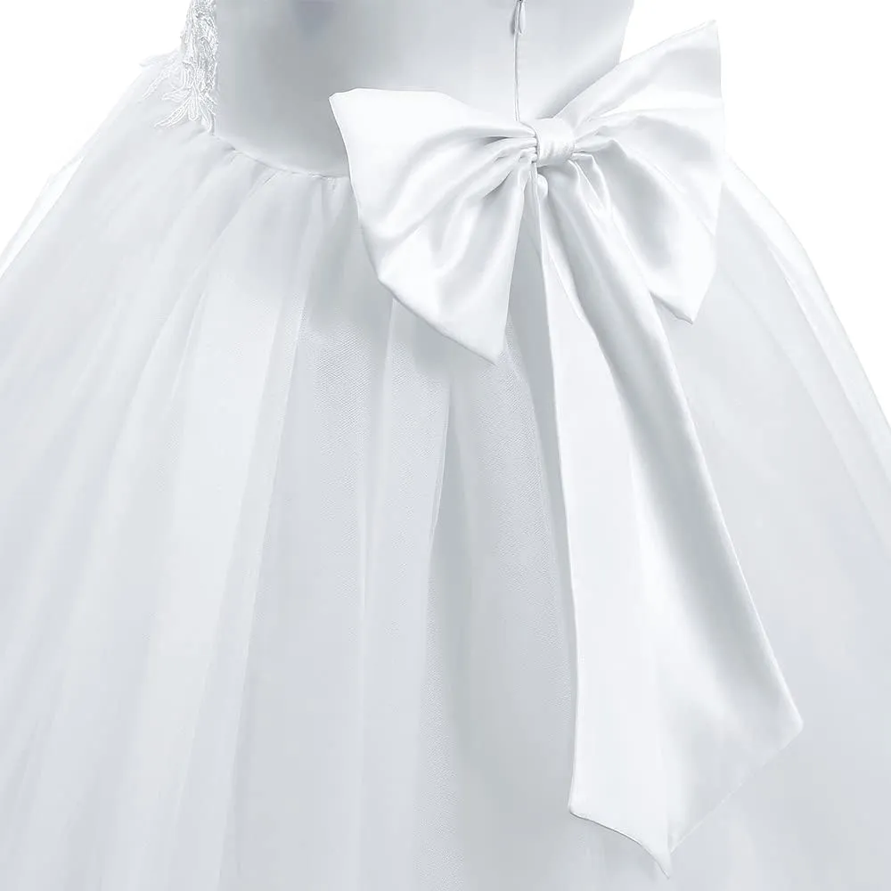 Christmas Flower Girl Dress Floor Length Button Draped Tulle Ball Gowns for Kids