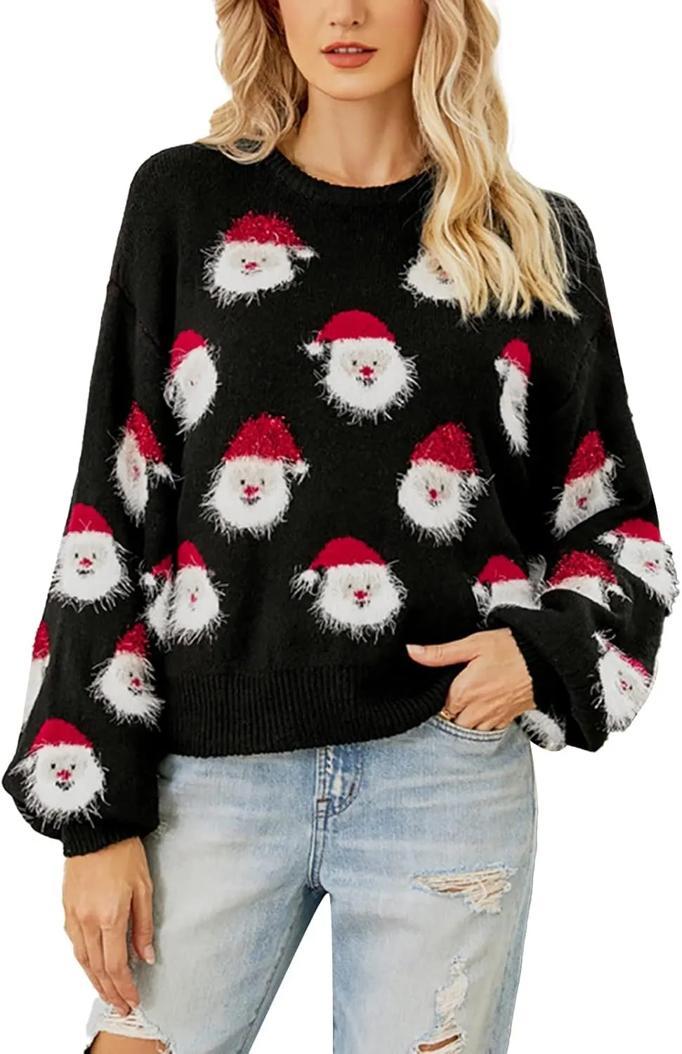 Christmas Sweater for Women 2023 Santa Claus Cute Pattern Jacquard Knit Sweatshirts Long Sleeve Pullover Tops