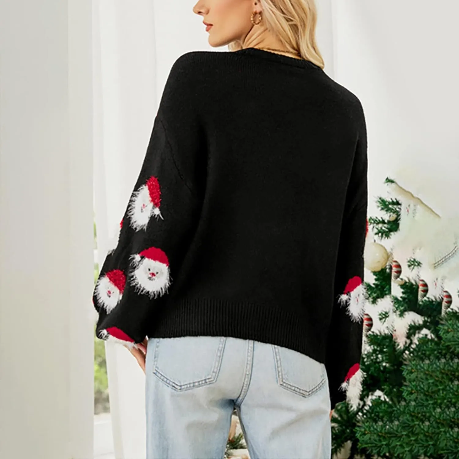 Christmas Sweater for Women 2023 Santa Claus Cute Pattern Jacquard Knit Sweatshirts Long Sleeve Pullover Tops