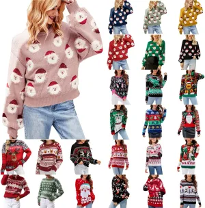 Christmas Sweater for Women 2023 Santa Claus Cute Pattern Jacquard Knit Sweatshirts Long Sleeve Pullover Tops