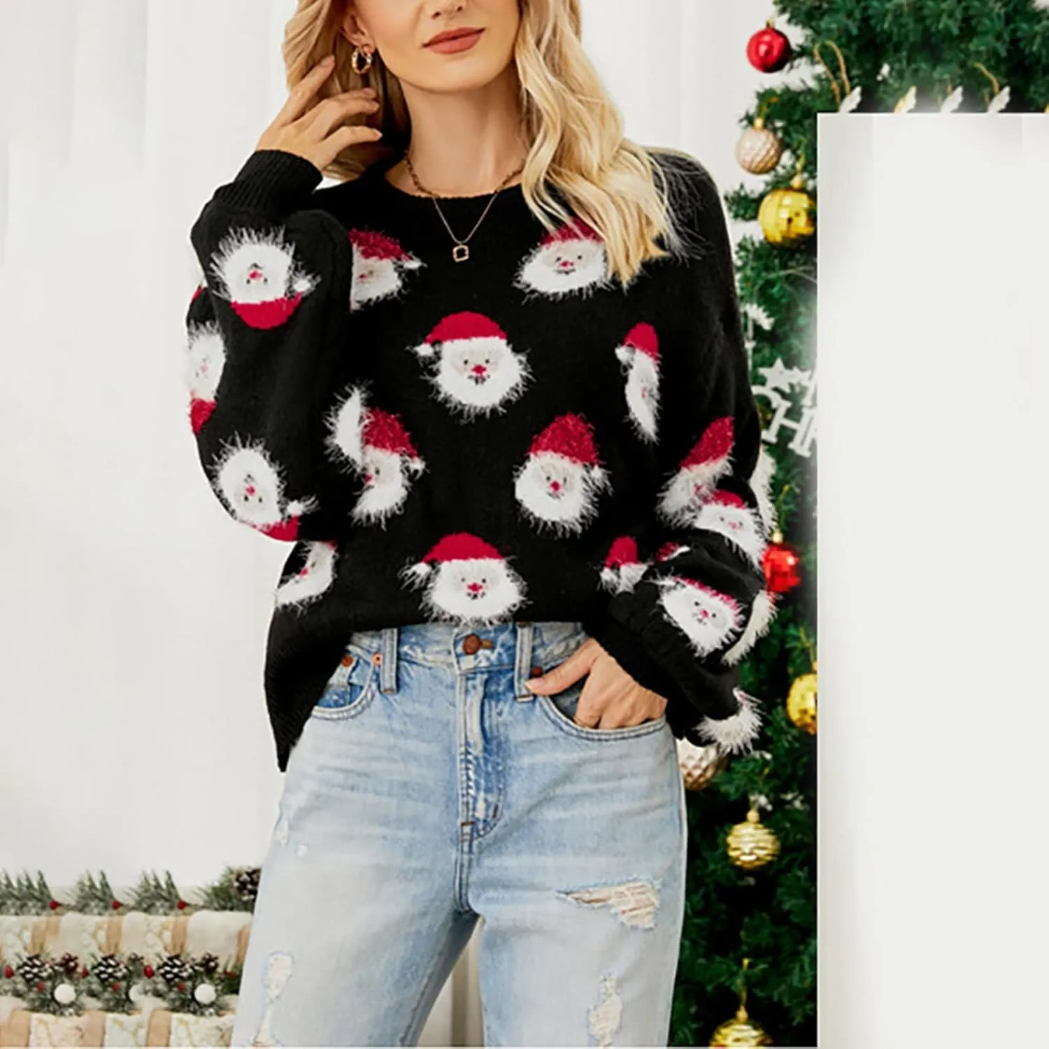 Christmas Sweater for Women 2023 Santa Claus Cute Pattern Jacquard Knit Sweatshirts Long Sleeve Pullover Tops