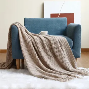 Coffee Knitted Blanket with Tassels for Couch Sofa Home Decorative Soft Cozy Lightweight Throw Blanket with Fringe Thoughtful Gifts for Women Wool Shawl Blanket
