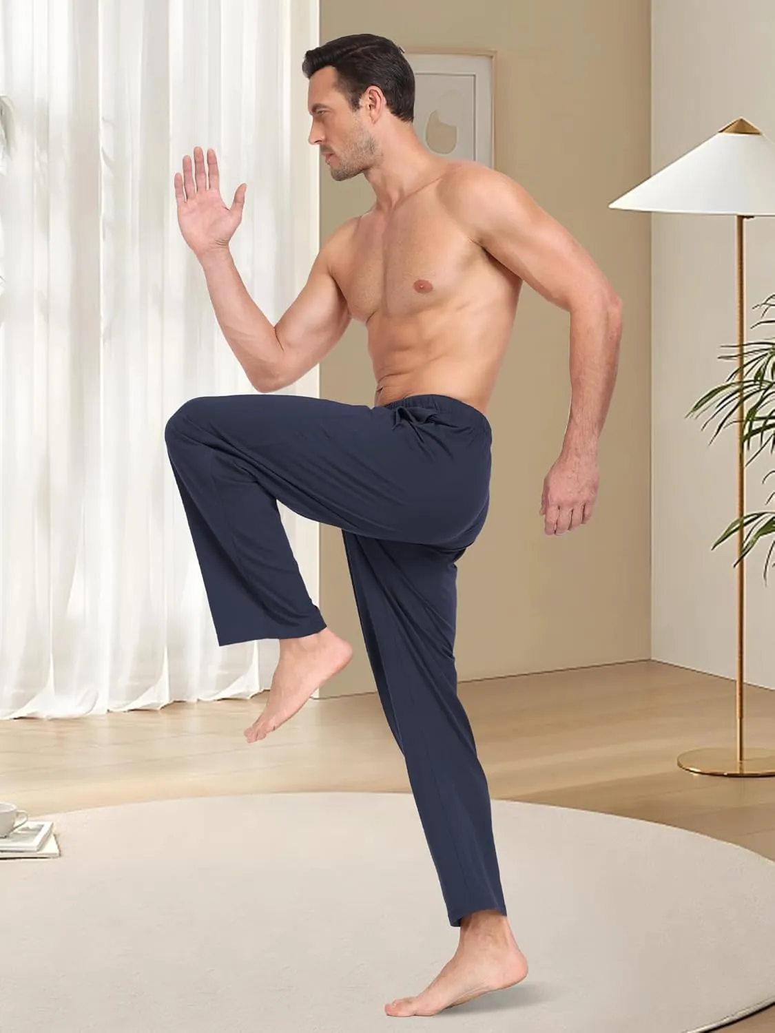 COLORFULLEAF 100% Cotton Mens Pajama Pants Lightweight Sleep Lounge Bottoms Elastic Waistband Button Fly With Pockets