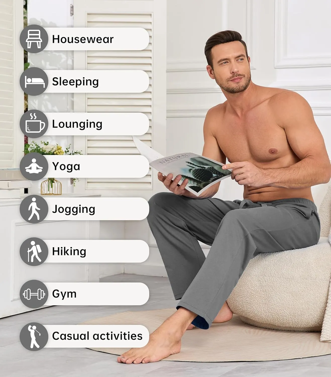 COLORFULLEAF 100% Cotton Mens Pajama Pants Lightweight Sleep Lounge Bottoms Elastic Waistband Button Fly With Pockets