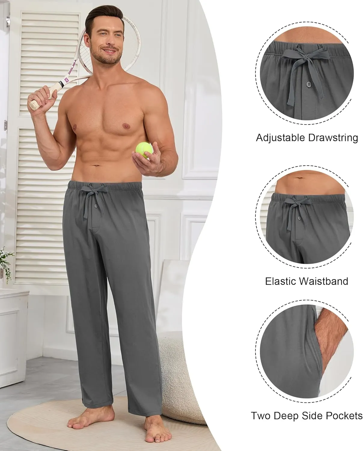 COLORFULLEAF 100% Cotton Mens Pajama Pants Lightweight Sleep Lounge Bottoms Elastic Waistband Button Fly With Pockets