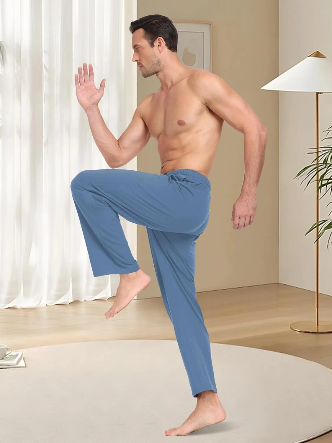 COLORFULLEAF 100% Cotton Mens Pajama Pants Lightweight Sleep Lounge Bottoms Elastic Waistband Button Fly With Pockets