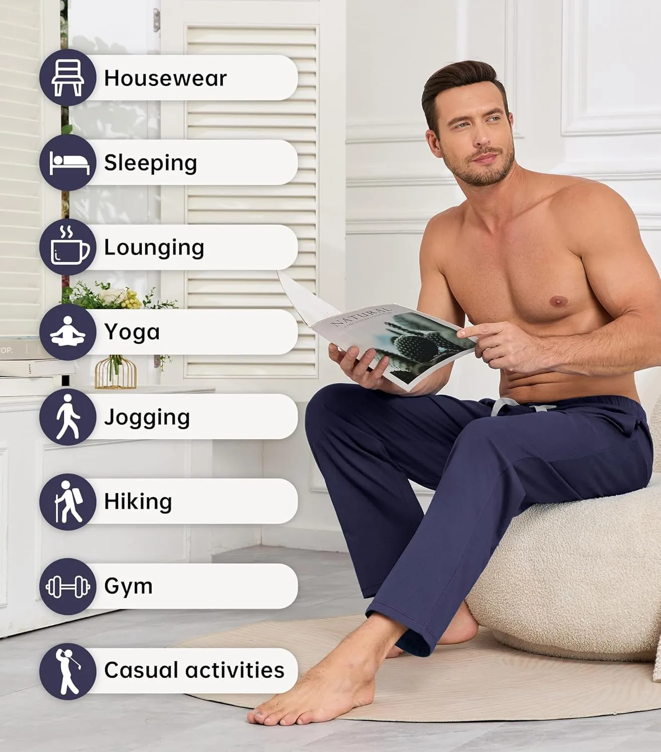 COLORFULLEAF 100% Cotton Mens Pajama Pants Lightweight Sleep Lounge Bottoms Elastic Waistband Button Fly With Pockets