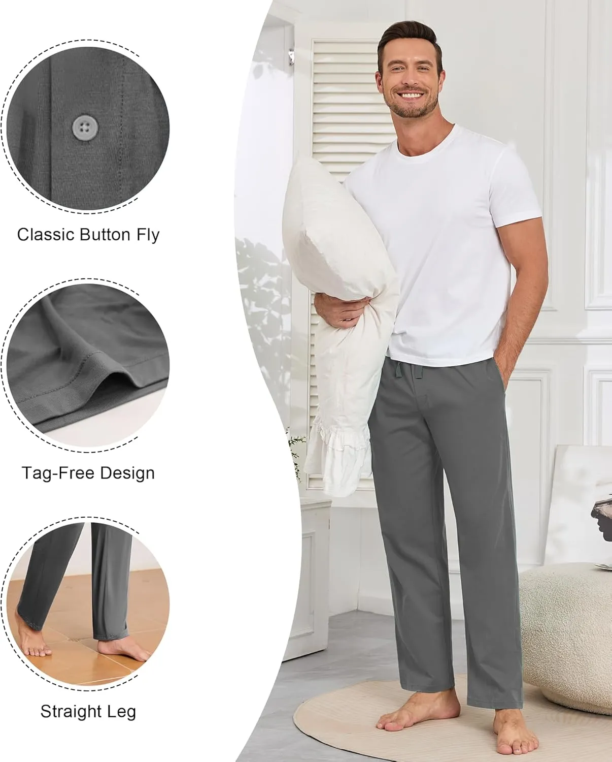 COLORFULLEAF 100% Cotton Mens Pajama Pants Lightweight Sleep Lounge Bottoms Elastic Waistband Button Fly With Pockets
