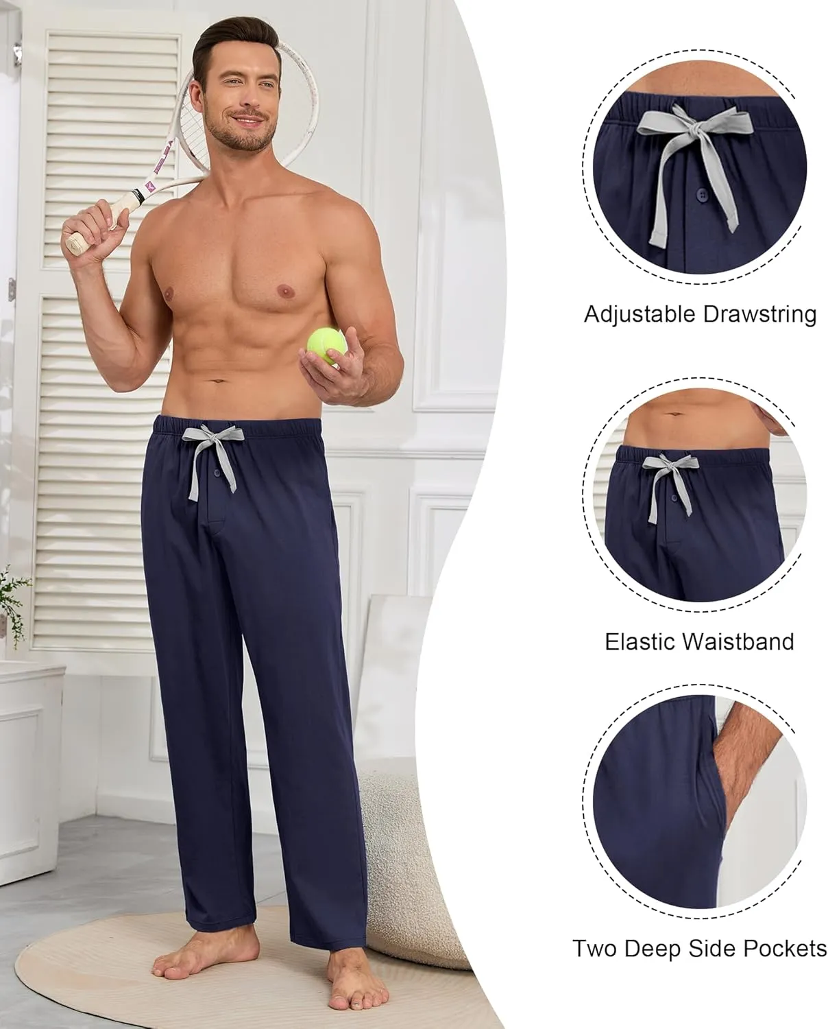 COLORFULLEAF 100% Cotton Mens Pajama Pants Lightweight Sleep Lounge Bottoms Elastic Waistband Button Fly With Pockets