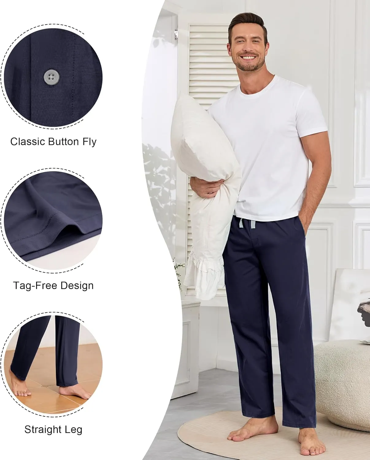 COLORFULLEAF 100% Cotton Mens Pajama Pants Lightweight Sleep Lounge Bottoms Elastic Waistband Button Fly With Pockets