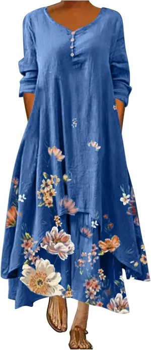 Cotton Linen Maxi Dress for Women Summer Casual Button Boho Dresses Plus Size Beach Long Dress Vintage Loose Dress