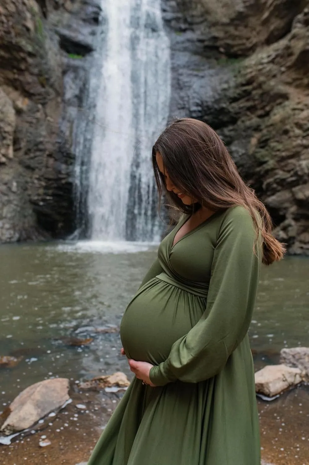 Dedysler Maternity Gowns Long Sleeves Baby Shower Dress for Photoshoot Wrap Split Sweetheart Maxi Photography