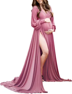 Dedysler Maternity Gowns Long Sleeves Baby Shower Dress for Photoshoot Wrap Split Sweetheart Maxi Photography
